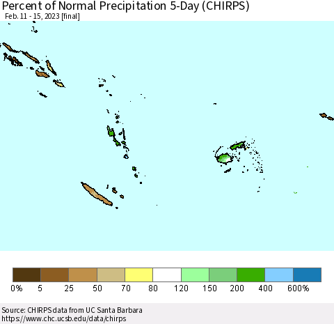 Fiji, Samoa, Solomon Isl. and Vanuatu Percent of Normal Precipitation 5-Day (CHIRPS) Thematic Map For 2/11/2023 - 2/15/2023