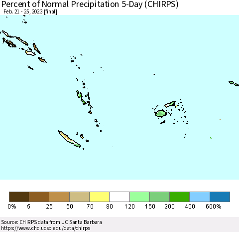 Fiji, Samoa, Solomon Isl. and Vanuatu Percent of Normal Precipitation 5-Day (CHIRPS) Thematic Map For 2/21/2023 - 2/25/2023