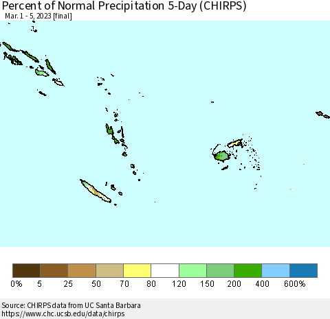 Fiji, Samoa, Solomon Isl. and Vanuatu Percent of Normal Precipitation 5-Day (CHIRPS) Thematic Map For 3/1/2023 - 3/5/2023
