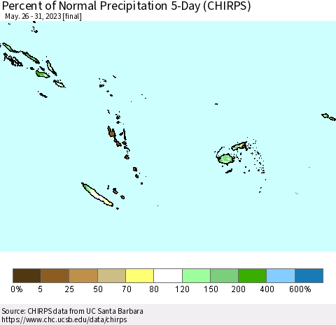 Fiji, Samoa, Solomon Isl. and Vanuatu Percent of Normal Precipitation 5-Day (CHIRPS) Thematic Map For 5/26/2023 - 5/31/2023