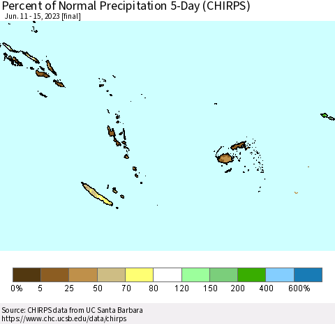 Fiji, Samoa, Solomon Isl. and Vanuatu Percent of Normal Precipitation 5-Day (CHIRPS) Thematic Map For 6/11/2023 - 6/15/2023