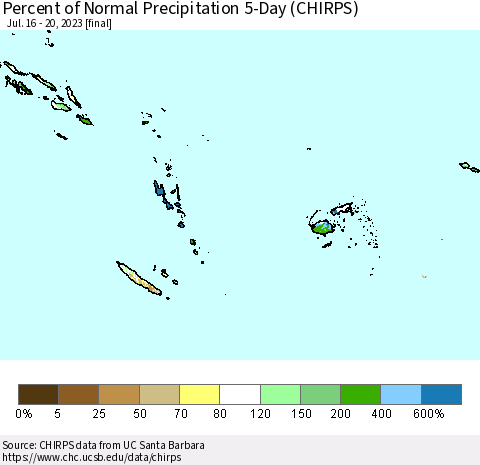 Fiji, Samoa, Solomon Isl. and Vanuatu Percent of Normal Precipitation 5-Day (CHIRPS) Thematic Map For 7/16/2023 - 7/20/2023