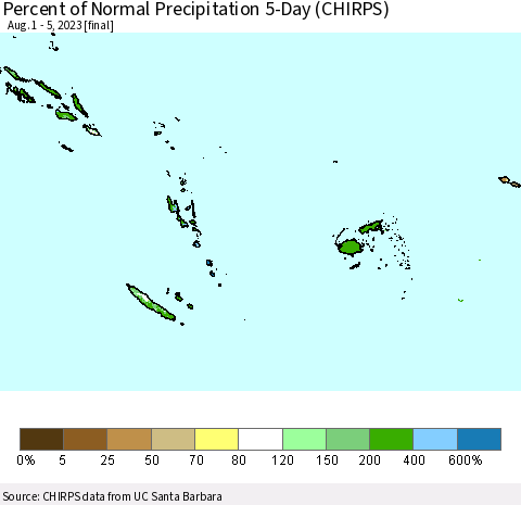 Fiji, Samoa, Solomon Isl. and Vanuatu Percent of Normal Precipitation 5-Day (CHIRPS) Thematic Map For 8/1/2023 - 8/5/2023