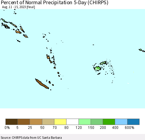 Fiji, Samoa, Solomon Isl. and Vanuatu Percent of Normal Precipitation 5-Day (CHIRPS) Thematic Map For 8/11/2023 - 8/15/2023