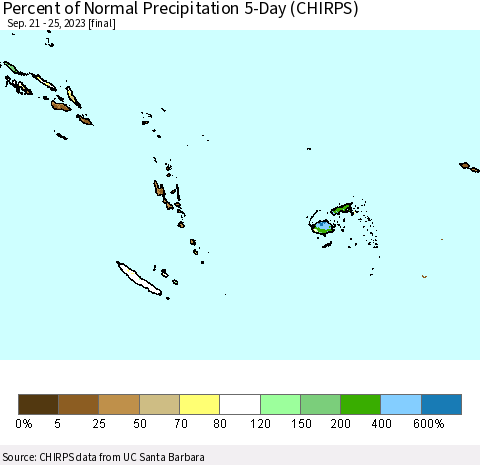 Fiji, Samoa, Solomon Isl. and Vanuatu Percent of Normal Precipitation 5-Day (CHIRPS) Thematic Map For 9/21/2023 - 9/25/2023