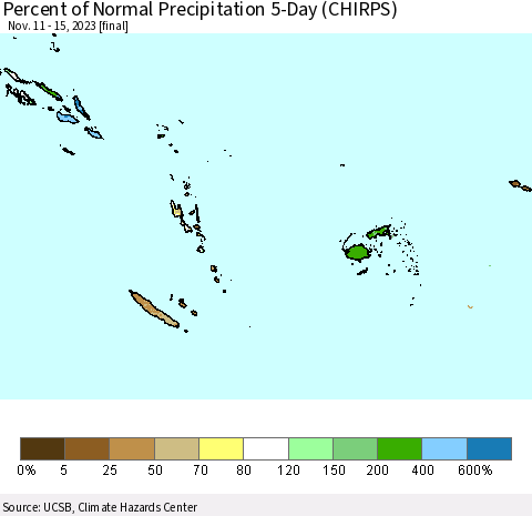 Fiji, Samoa, Solomon Isl. and Vanuatu Percent of Normal Precipitation 5-Day (CHIRPS) Thematic Map For 11/11/2023 - 11/15/2023