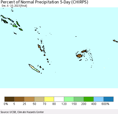 Fiji, Samoa, Solomon Isl. and Vanuatu Percent of Normal Precipitation 5-Day (CHIRPS) Thematic Map For 12/6/2023 - 12/10/2023