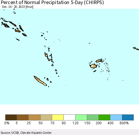 Fiji, Samoa, Solomon Isl. and Vanuatu Percent of Normal Precipitation 5-Day (CHIRPS) Thematic Map For 12/16/2023 - 12/20/2023