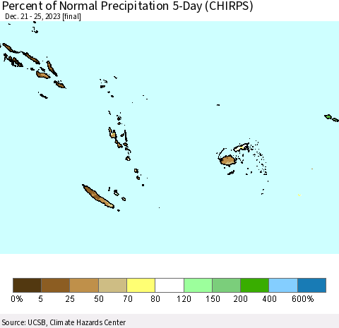 Fiji, Samoa, Solomon Isl. and Vanuatu Percent of Normal Precipitation 5-Day (CHIRPS) Thematic Map For 12/21/2023 - 12/25/2023
