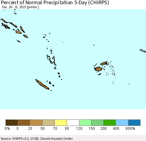 Fiji, Samoa, Solomon Isl. and Vanuatu Percent of Normal Precipitation 5-Day (CHIRPS) Thematic Map For 12/26/2023 - 12/31/2023