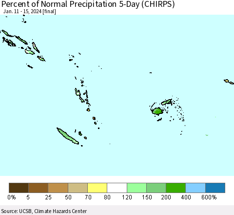 Fiji, Samoa, Solomon Isl. and Vanuatu Percent of Normal Precipitation 5-Day (CHIRPS) Thematic Map For 1/11/2024 - 1/15/2024