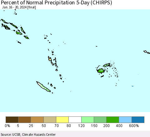 Fiji, Samoa, Solomon Isl. and Vanuatu Percent of Normal Precipitation 5-Day (CHIRPS) Thematic Map For 1/16/2024 - 1/20/2024