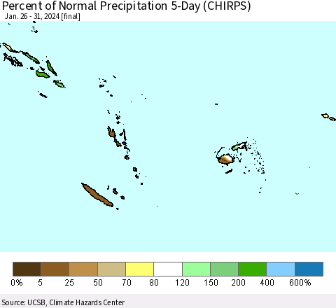Fiji, Samoa, Solomon Isl. and Vanuatu Percent of Normal Precipitation 5-Day (CHIRPS) Thematic Map For 1/26/2024 - 1/31/2024