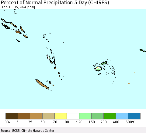 Fiji, Samoa, Solomon Isl. and Vanuatu Percent of Normal Precipitation 5-Day (CHIRPS) Thematic Map For 2/11/2024 - 2/15/2024