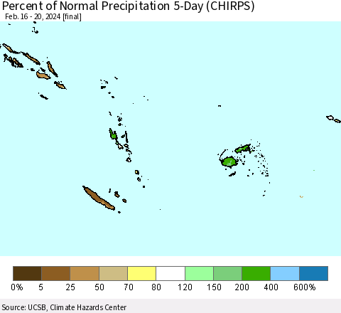 Fiji, Samoa, Solomon Isl. and Vanuatu Percent of Normal Precipitation 5-Day (CHIRPS) Thematic Map For 2/16/2024 - 2/20/2024