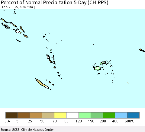 Fiji, Samoa, Solomon Isl. and Vanuatu Percent of Normal Precipitation 5-Day (CHIRPS) Thematic Map For 2/21/2024 - 2/25/2024