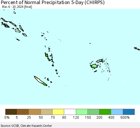 Fiji, Samoa, Solomon Isl. and Vanuatu Percent of Normal Precipitation 5-Day (CHIRPS) Thematic Map For 3/6/2024 - 3/10/2024