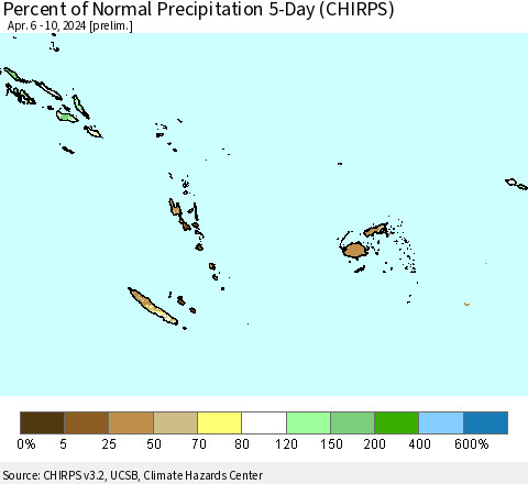 Fiji, Samoa, Solomon Isl. and Vanuatu Percent of Normal Precipitation 5-Day (CHIRPS) Thematic Map For 4/6/2024 - 4/10/2024