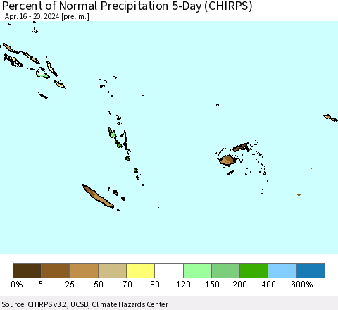 Fiji, Samoa, Solomon Isl. and Vanuatu Percent of Normal Precipitation 5-Day (CHIRPS) Thematic Map For 4/16/2024 - 4/20/2024