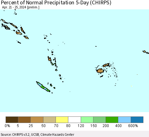 Fiji, Samoa, Solomon Isl. and Vanuatu Percent of Normal Precipitation 5-Day (CHIRPS) Thematic Map For 4/21/2024 - 4/25/2024