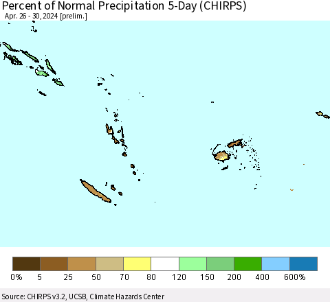 Fiji, Samoa, Solomon Isl. and Vanuatu Percent of Normal Precipitation 5-Day (CHIRPS) Thematic Map For 4/26/2024 - 4/30/2024