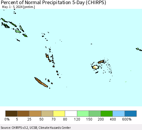 Fiji, Samoa, Solomon Isl. and Vanuatu Percent of Normal Precipitation 5-Day (CHIRPS) Thematic Map For 5/1/2024 - 5/5/2024
