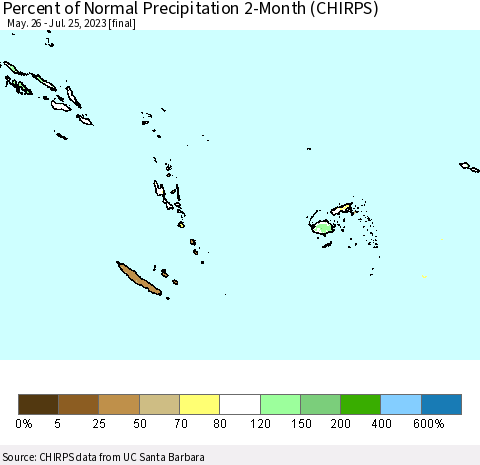 Fiji, Samoa, Solomon Isl. and Vanuatu Percent of Normal Precipitation 2-Month (CHIRPS) Thematic Map For 5/26/2023 - 7/25/2023