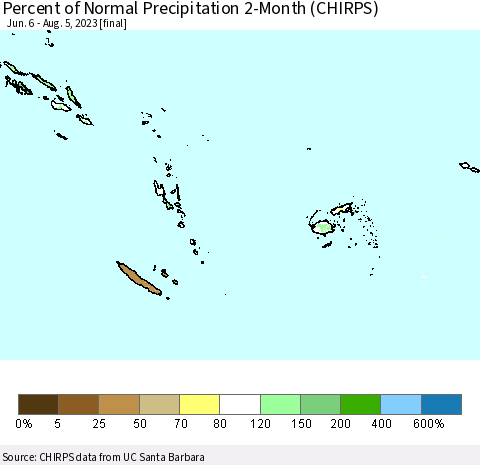 Fiji, Samoa, Solomon Isl. and Vanuatu Percent of Normal Precipitation 2-Month (CHIRPS) Thematic Map For 6/6/2023 - 8/5/2023