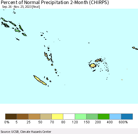 Fiji, Samoa, Solomon Isl. and Vanuatu Percent of Normal Precipitation 2-Month (CHIRPS) Thematic Map For 9/26/2023 - 11/25/2023