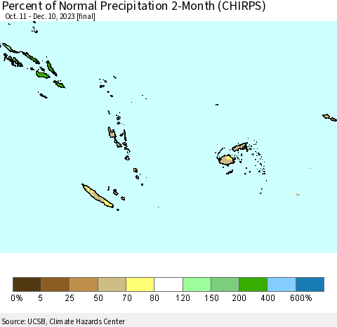 Fiji, Samoa, Solomon Isl. and Vanuatu Percent of Normal Precipitation 2-Month (CHIRPS) Thematic Map For 10/11/2023 - 12/10/2023