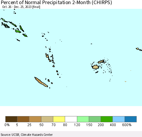 Fiji, Samoa, Solomon Isl. and Vanuatu Percent of Normal Precipitation 2-Month (CHIRPS) Thematic Map For 10/26/2023 - 12/25/2023