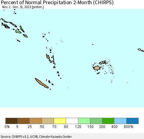 Fiji, Samoa, Solomon Isl. and Vanuatu Percent of Normal Precipitation 2-Month (CHIRPS) Thematic Map For 11/1/2023 - 12/31/2023