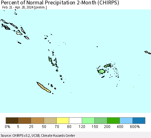 Fiji, Samoa, Solomon Isl. and Vanuatu Percent of Normal Precipitation 2-Month (CHIRPS) Thematic Map For 2/21/2024 - 4/20/2024