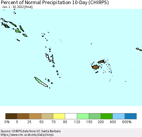 Fiji, Samoa, Solomon Isl. and Vanuatu Percent of Normal Precipitation 10-Day (CHIRPS) Thematic Map For 6/1/2022 - 6/10/2022