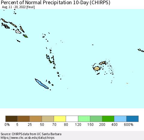 Fiji, Samoa, Solomon Isl. and Vanuatu Percent of Normal Precipitation 10-Day (CHIRPS) Thematic Map For 8/11/2022 - 8/20/2022