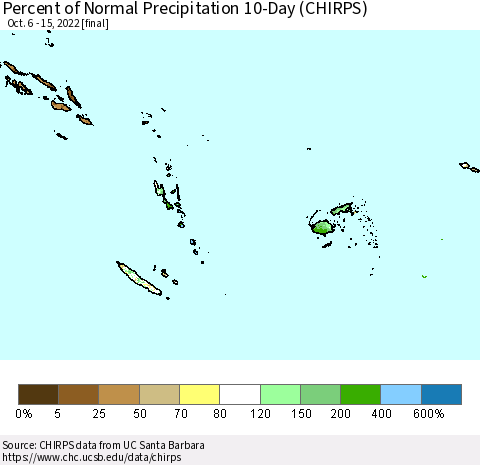 Fiji, Samoa, Solomon Isl. and Vanuatu Percent of Normal Precipitation 10-Day (CHIRPS) Thematic Map For 10/6/2022 - 10/15/2022