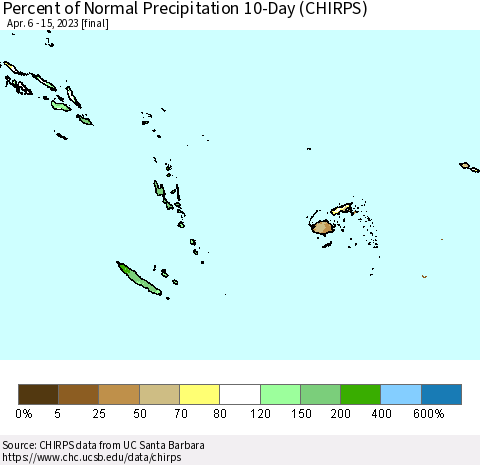 Fiji, Samoa, Solomon Isl. and Vanuatu Percent of Normal Precipitation 10-Day (CHIRPS) Thematic Map For 4/6/2023 - 4/15/2023