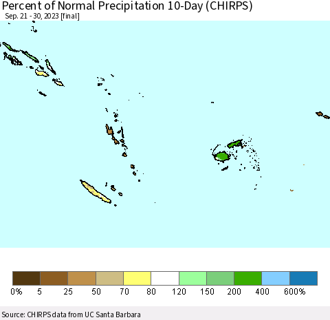 Fiji, Samoa, Solomon Isl. and Vanuatu Percent of Normal Precipitation 10-Day (CHIRPS) Thematic Map For 9/21/2023 - 9/30/2023
