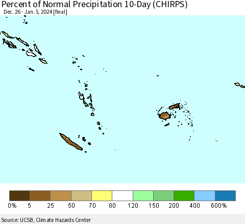 Fiji, Samoa, Solomon Isl. and Vanuatu Percent of Normal Precipitation 10-Day (CHIRPS) Thematic Map For 12/26/2023 - 1/5/2024