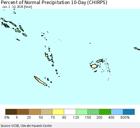 Fiji, Samoa, Solomon Isl. and Vanuatu Percent of Normal Precipitation 10-Day (CHIRPS) Thematic Map For 1/1/2024 - 1/10/2024