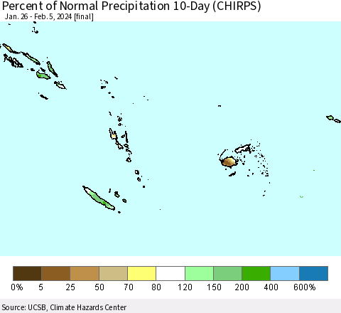 Fiji, Samoa, Solomon Isl. and Vanuatu Percent of Normal Precipitation 10-Day (CHIRPS) Thematic Map For 1/26/2024 - 2/5/2024