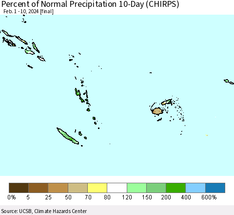 Fiji, Samoa, Solomon Isl. and Vanuatu Percent of Normal Precipitation 10-Day (CHIRPS) Thematic Map For 2/1/2024 - 2/10/2024