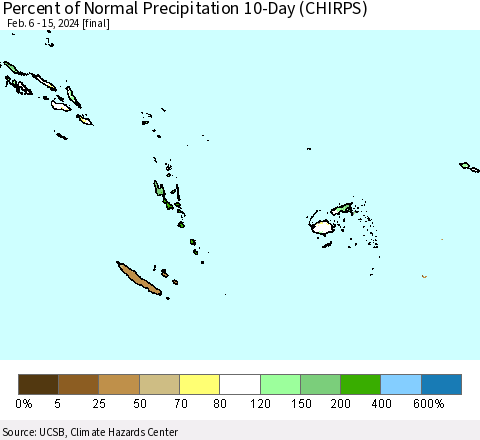 Fiji, Samoa, Solomon Isl. and Vanuatu Percent of Normal Precipitation 10-Day (CHIRPS) Thematic Map For 2/6/2024 - 2/15/2024