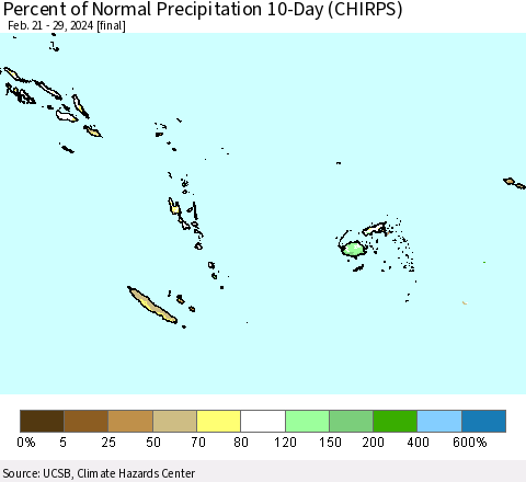 Fiji, Samoa, Solomon Isl. and Vanuatu Percent of Normal Precipitation 10-Day (CHIRPS) Thematic Map For 2/21/2024 - 2/29/2024
