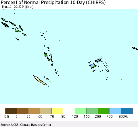 Fiji, Samoa, Solomon Isl. and Vanuatu Percent of Normal Precipitation 10-Day (CHIRPS) Thematic Map For 3/11/2024 - 3/20/2024