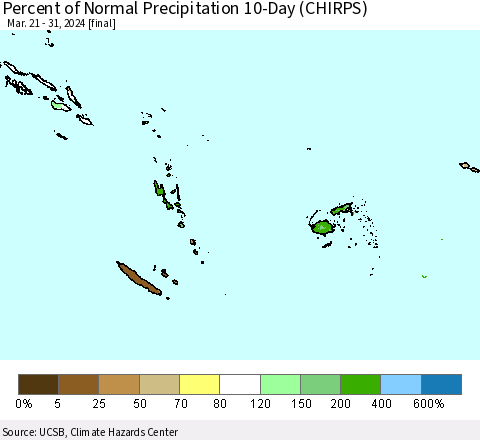 Fiji, Samoa, Solomon Isl. and Vanuatu Percent of Normal Precipitation 10-Day (CHIRPS) Thematic Map For 3/21/2024 - 3/31/2024