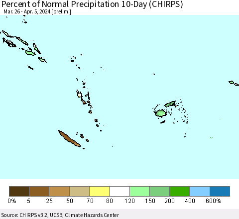 Fiji, Samoa, Solomon Isl. and Vanuatu Percent of Normal Precipitation 10-Day (CHIRPS) Thematic Map For 3/26/2024 - 4/5/2024