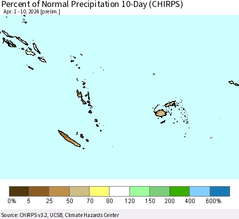 Fiji, Samoa, Solomon Isl. and Vanuatu Percent of Normal Precipitation 10-Day (CHIRPS) Thematic Map For 4/1/2024 - 4/10/2024