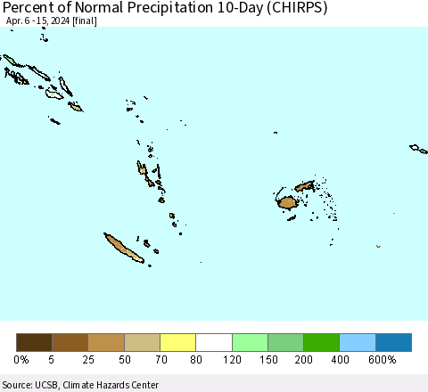 Fiji, Samoa, Solomon Isl. and Vanuatu Percent of Normal Precipitation 10-Day (CHIRPS) Thematic Map For 4/6/2024 - 4/15/2024