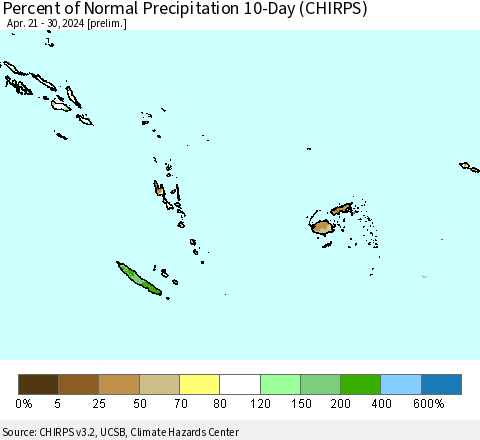 Fiji, Samoa, Solomon Isl. and Vanuatu Percent of Normal Precipitation 10-Day (CHIRPS) Thematic Map For 4/21/2024 - 4/30/2024